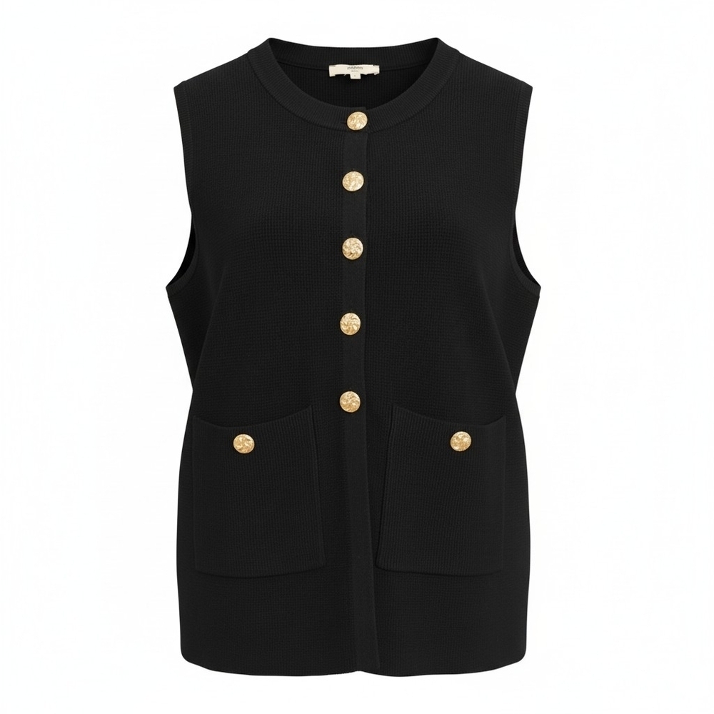 Black Sleeveless Slim Fit Knit Vest with Gold Buttons